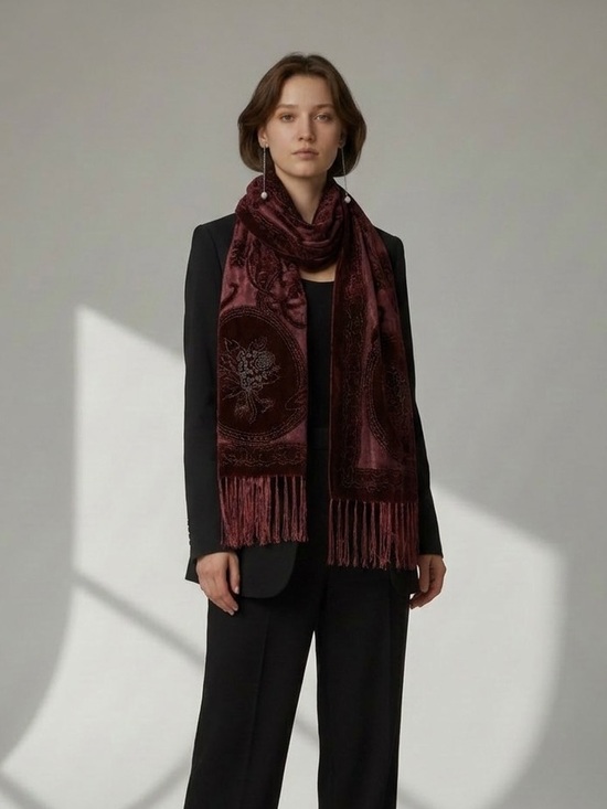 Johnny Was Accessories - 🥀 {FINAL SALE} Vintage Velvet Floral Burnout Shawl ~ Burgundy